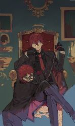  2boys amagi_hiiro amagi_rinne black_gloves black_jacket black_pants black_shirt chair closed_mouth collared_shirt commentary_request crossed_legs ensemble_stars! feet_out_of_frame formal_clothes gloves gougougougou hair_between_eyes highres holding jacket long_sleeves looking_at_viewer male_focus multiple_boys necktie on_chair painting_(object) pants picture_frame red_hair red_necktie shirt short_hair sitting suit 