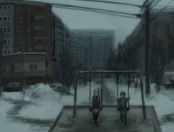  2boys blonde_hair boku_no_hero_academia brown_shoes building commentary crossed_legs faceless faceless_male green_hair highres kuzero0209 male_focus midoriya_izuku multiple_boys on_swing outdoors scenery shoes snow snowscape swing untranslatable_commentary wide_shot winter winter_clothes yagi_toshinori 
