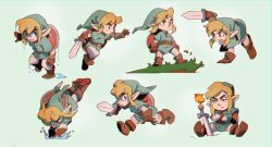  1boy bird blonde_hair blue_eyes boots brown_boots brown_gloves commentary crossed_arms diving english_commentary full_body gloves green_hat green_tunic hat highres holding holding_sword holding_weapon link male_focus multiple_views outstretched_hand phrygian_cap planted planted_sword pointy_ears shield shield_on_back short_hair sidelocks sitting standing swept_bangs sword the_legend_of_zelda tunic vitaliy_shushko weapon yellow_bird 