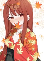  1girl autumn_leaves binsen black_hakama blunt_bangs blush collarbone commentary_request curtained_hair eyelashes floral_print floral_print_kimono furrowed_brow hairband hakama highres holding holding_leaf idolmaster idolmaster_million_live! japanese_clothes kimono leaf leaf_background leaf_print long_hair nose_blush print_kimono raised_inner_eyebrows red_eyes red_hair red_kimono shy solo straight_hair tanaka_kotoha white_background wide_sleeves yellow_hairband 