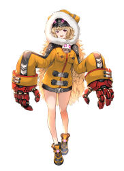  1girl blackball blonde_hair boots breast_pocket coat commentary fang full_body fur-trimmed_hood fur_trim goggles goggles_on_head highres hood hood_up hooded_coat horned_hood horns long_hair long_sleeves looking_at_viewer mechanical_hands open_mouth original pink_eyes pocket sleeves_past_fingers sleeves_past_wrists smile solo standing untranslatable_commentary very_long_hair yellow_boots yellow_coat 