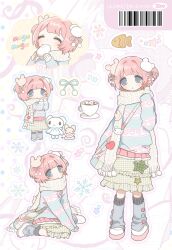  1girl ^_^ arms_between_legs bag barcode bear_hair_ornament blue_eyes blush chocomero closed_eyes commentary crossbody_bag green_skirt grey_leg_warmers hair_intakes hair_ornament hand_up highres korean_text lace-trimmed_skirt lace_trim layered_skirt leg_warmers long_sleeves multicolored_sweater multiple_views original parted_lips pink_eyes pink_skirt plaid_clothes plaid_skirt pleated_skirt pom_pom_(clothes) quilted_bag ribbon scarf shoes short_hair sitting skirt sleeves_past_wrists snowflakes star_(symbol) striped_clothes striped_sweater sweater two_side_up unmoving_pattern untranslatable_commentary v_arms white_ribbon white_scarf white_shoes white_sweater 