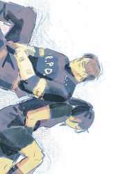  1boy 1girl back-to-back black_vest claire_redfield commentary elbow_pads english_commentary fingerless_gloves gloves highres kekflo4 leon_s._kennedy police police_uniform ponytail resident_evil resident_evil_2 resident_evil_2_(remake) shirt short_hair sideways sitting t-shirt undershirt vest white_shirt 