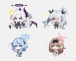  ! 4girls absurdres ahoge ako_(blue_archive) armband blue_archive blue_eyes blue_hair blue_halo brown_eyes brown_hair chibi chibi_only chinatsu_(blue_archive) closed_mouth commentary_request demon_girl demon_horns demon_wings gloves grey_hair grey_halo hair_between_eyes hair_ornament halo heart highres hina_(blue_archive) horns iori_(blue_archive) japanese_clothes long_hair looking_at_viewer multiple_girls multiple_horns og-pogg open_mouth pink_halo pointy_ears prefect_team_(blue_archive) purple_halo red_armband red_eyes shirt simple_background skirt spoken_exclamation_mark twintails very_long_hair violet_eyes white_hair wings 