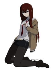  1girl absurdres artist_name belt black_pants black_shoes boots brown_jacket closed_mouth collared_shirt commentary_request full_body grey_eyes hair_between_eyes highres jacket kanzaki_nyo long_hair long_sleeves makise_kurisu necktie open_clothes open_jacket pants red_hair red_necktie science_adventure shirt shoes simple_background smile solo steins;gate white_background white_belt white_shirt 