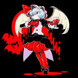  1girl ascot bat_(animal) bat_wings black_background blood blue_hair colored_skin da_kong_moshu_shi fang gloves hat hat_ribbon mary_janes mob_cap pool_of_blood red_ascot red_eyes red_gloves red_thighhighs remilia_scarlet ribbon shoes simple_background solo thigh-highs touhou vampire white_skin wings 
