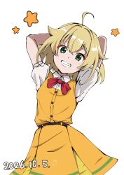  1girl absurdres ahoge arms_behind_head artist_logo belt blonde_hair blush bow bowtie brown_belt commentary_request dated dress eno_(pixiv117801819) green_eyes grin grow_up_show:_himawari_no_circus-dan highres logo looking_at_viewer maria_(himawari_no_circus-dan) orange_dress red_bow red_bowtie shirt shirt_under_dress short_sleeves smile solo star_(symbol) teeth white_background white_shirt 