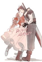  1boy 1girl aerith_gainsborough armor bangle black_gloves black_hair boots bracelet brown_boots brown_hair buster_sword closed_eyes couple cross_scar dress facing_another final_fantasy final_fantasy_vii final_fantasy_vii:_ever_crisis final_fantasy_vii_remake from_side full_body gloves gold_bangle hair_ribbon happy height_difference hetero highres hug jacket jewelry long_hair nul open_mouth pants pink_dress pink_ribbon profile red_jacket ribbon scar scar_on_cheek scar_on_face short_hair short_sleeves shoulder_armor smile spiky_hair sword sword_on_back weapon weapon_on_back white_background zack_fair 