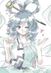  1girl aqua_dress blue_vest chinese_hairpin collared_vest commentary_request dress hair_ornament hair_rings hair_stick heart highres hood hoodie index_finger_raised kaku_seiga licking_lips liver017 looking_at_viewer medium_hair one_eye_closed open_clothes open_hoodie open_vest pointing pointing_at_self short_sleeves simple_background solo straight-on tongue tongue_out touhou two-tone_vest upper_body vest white_background white_vest 