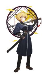  1girl absurdres black_gloves black_pants black_robe black_shirt blade_lineage_(identity)_(project_moon) blonde_hair breasts brown_shoes closed_mouth colored_eyebrows commentary_request cross_scar don_quixote_(project_moon) fingerless_gloves full_body gloves highres holding holding_sheath holding_sword holding_weapon jeehyung_seo korean_commentary limbus_company looking_at_viewer over_shoulder pants project_moon robe round_window sash scar scar_on_face sheath shirt shoes short_hair sidelocks solo sword turtleneck turtleneck_shirt weapon weapon_over_shoulder white_background window wrist_wrap yellow_eyes 