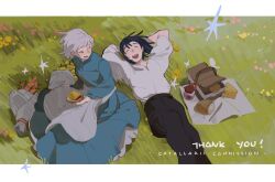  1boy 1girl apron arms_behind_head artist_name black_hair black_pants blue_dress border bread breasts cheese closed_eyes commentary commission couple dress english_commentary food grass grey_hair hetero highres holding holding_food howl_(howl_no_ugoku_shiro) howl_no_ugoku_shiro laughing letterboxed loaf_of_bread long_dress lying meadow medium_breasts newspaper on_back open_mouth outdoors pants picnic picnic_basket reclining ri_(catallarii) shirt short_hair sitting smile sophie_hatter_(howl_no_ugoku_shiro) thank_you waist_apron white_apron white_border white_shirt 