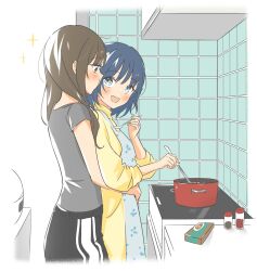  2girls absurdres apron bang_dream! bang_dream!_our_notes black_pants blue_eyes blue_hair blush brown_hair chewing commentary_request cooking cooking_pot dress green_eyes grey_shirt hamasaki_mahoro highres holding holding_ladle holding_spoon hug hug_from_behind kitchen korean_commentary kotohira_nagi ladle long_hair multiple_girls open_mouth pants shirt short_hair smile sparkle spice spoon ssipdeok38 stove white_apron yellow_dress yuri 