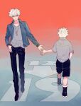  2boys ankle_boots arrow_(symbol) bangs black_footwear black_pants black_shorts blue_background blue_jacket boots character_age child collared_shirt dual_persona facing_away full_body gradient gradient_background grey_shirt hand_in_pocket hunter_x_hunter jacket jewelry killua_zoldyck long_sleeves looking_at_another looking_away lyingwang male_child male_focus multiple_boys older outstretched_arm pants pendant red_background shirt shoes short_hair short_sleeves shorts sideways_glance smile solo spiky_hair thumb_in_pocket time_paradox walking white_hair 