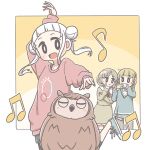  3girls arashi_chisato bird blonde_hair blue_sweater brown_dress closed_eyes collared_shirt dancing double_bun dress east_sha2 floating_hair hair_behind_ear hair_bun heanna_sumire long_hair love_live! love_live!_superstar!! manmaru_(love_live!) multiple_girls musical_note official_art open_hands open_mouth owl pink_sweater shirt short_hair smile sweater tang_keke twintails v-shaped_eyebrows white_shirt 