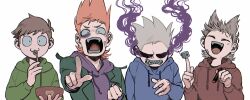  4boys 96edtd :3 ^_^ angry antenna_hair bandage_on_cheek bandaid bandaid_on_cheek bandaid_on_face black_eyes blue_hoodie bowl brown_hair bruise bruised_eye canon_event cigar clenched_teeth closed_eyes commentary cube drawstring edd_(eddsworld) eddsworld english_commentary fangs fewer_digits green_hoodie green_jacket hair_ears hand_up holding holding_bowl holding_cigar holding_spoon hollow_eyes hood hood_down hoodie injury jacket laughing long_sleeves looking_at_viewer male_focus matt_(eddsworld) multiple_boys open_clothes open_jacket open_mouth orange_hair pointing pointing_at_viewer purple_hoodie red_hoodie scene_reference sharp_teeth short_hair shouting simple_background smoke smoke_from_eyes spiky_hair spoon teeth tom_(eddsworld) toon_(style) tord_(eddsworld) upper_body utensil_in_mouth white_background 