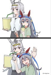  2girls :t ahoge alternate_costume animal_ears black_skirt blue_eyes blue_hairband blush brown_hair casual cellphone collarbone collared_shirt commentary_request cup double-parted_bangs dress_shirt drinking drinking_straw ear_covers fang from_side green_shirt hair_between_eyes hairband headband highres holding holding_cup holding_phone horse_ears horse_girl long_hair looking_at_viewer mongo_mongo multiple_girls oguri_cap_(umamusume) oversized_object phone red_headband shirt short_sleeves sidelocks simple_background skirt smartphone t-shirt tamamo_cross_(umamusume) twitter_username umamusume violet_eyes waving white_background white_shirt 