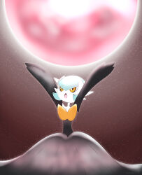  1girl absurdres alternate_color arms_up black_dress black_gloves blue_hair bob_cut cartoonagent collarbone colored_skin commentary_request dress elbow_gloves full_moon gardevoir gloves glowing hair_between_eyes highres korean_commentary long_dress looking_up mega_gardevoir mega_pokemon mixed-language_commentary moon moonblast_(pokemon) open_mouth orange_eyes outstretched_arms partial_commentary pokemon pokemon_(creature) pokemon_move red_moon shiny_pokemon short_hair solo standing strapless strapless_dress white_skin 