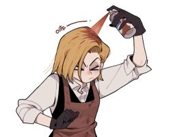  >_< 1girl apron black_gloves black_vest blonde_hair brown_apron chinese_commentary closed_eyes closed_mouth collared_shirt commentary_request doctor_who gloves holding holding_spray_can juanmao shirt short_hair simple_background solo spray_can the_doctor_(doctor_who) thirteenth_doctor_(doctor_who) three-quarter_sleeves vest white_background white_shirt 