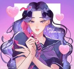  1girl antique_phone aqua_sailor_collar artist_name commentary_request cosmetics diamond_wa_kudakenai english_text eyelashes floral_print heart highres holding holding_lipstick_tube holding_phone ichigoberry_152 jojo_no_kimyou_na_bouken lipgloss lipstick_tube long_hair neckerchief parted_lips phone purple_hair purple_neckerchief rotary_phone sailor_collar school_uniform short_sleeves solo sparkle two-tone_background upper_body violet_eyes watermark yamagishi_yukako 
