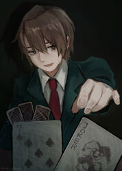  1boy ame_akagi blazer blue_jacket brown_eyes brown_hair card commentary_request dress_shirt hair_between_eyes highres holding holding_card jacket joker_(playing_card) kita_high_school_uniform koizumi_itsuki long_sleeves looking_at_viewer male_focus necktie open_mouth playing_card playing_card_game playing_games pov red_necktie school_uniform shirt short_hair smile solo suzumiya_haruhi_no_yuuutsu white_shirt winter_uniform 