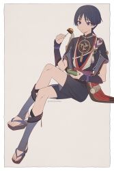  1boy armor artist_name belt black_hair black_sandals black_shirt black_shorts blunt_ends border bowl brown_background chinikuniku closed_mouth commentary_request crossed_legs eyeshadow fingernails food full_body genshin_impact gold_necklace highres holding holding_bowl holding_skewer japanese_armor jellyfish_cut jewelry kote kurokote looking_at_food makeup male_focus mandarin_collar missing_headwear mitsudomoe_(shape) necklace outside_border parted_bangs purple_belt purple_socks red_eyeshadow ribbon rope sandals scaramouche_(genshin_impact) scaramouche_(harbinger)_(genshin_impact) shirt short_hair short_sleeves shorts shoulder_armor simple_background sitting skewer socks solo tassel toenails tomoe_(symbol) violet_eyes white_border white_ribbon 