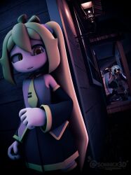  3d 3girls absurdres akita_neru antenna_hair aqua_hair aqua_necktie aqua_trim black_boots black_skirt black_sleeves blender_(medium) blonde_hair boots clenched_hand collared_shirt dark detached_sleeves english_commentary grey_shirt hand_up hatsune_miku hiding highres horror_(theme) house implied_death kasane_teto kasane_teto_(utau) looking_to_the_side monster_girl multiple_girls necktie open_mouth outdoors pleated_skirt red_trim shirt side_ponytail skirt sonnick3d tie_clip triple_baka_(group) twintails utau vocaloid watermark window yellow_eyes yellow_necktie yellow_trim 