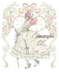  1girl animal bonnet boots bow closed_umbrella dress flower frilled_dress frilled_sleeves frills full_body gloves gougougougou hair_between_eyes high_heel_boots high_heels highres holding lolita_fashion long_hair long_sleeves looking_at_viewer open_mouth original parasol pink_eyes pink_flower pink_hair puffy_sleeves simple_background smile solo umbrella white_background white_dress white_gloves white_umbrella wide_sleeves 