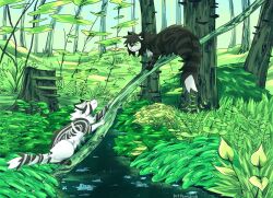  :3 animal animal_focus branch cat commentary english_commentary eye_contact forest green_eyes green_theme grey_cat kitty_(fernwhisker) leaf looking_at_another nature no_humans original outdoors river scenery smile tabby_cat tree tree_stump tuxedo_cat warrior_cats water 