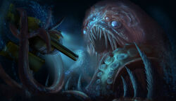  absurdres commentary english_commentary extra_eyes giant giant_monster highres kuri_(tastykuri) monster open_mouth original sea_monster sharp_teeth suction_cups teeth tentacles tongue underwater veins water watercraft 