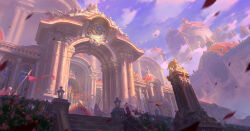 1girl angel_statue arch building clock clouds cloudy_sky crowd dome fantasy flag flower from_below gilsun_wei highres holding holding_flag knight lantern multiple_others original pennant pillar scenery sky stairs statue stone_stairs window 