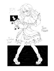  1girl absurdres capelet closed_mouth commentary english_commentary full_body greyscale highres holding holding_nail kwszh long_sleeves looking_at_viewer mary_janes medium_hair mizuhashi_parsee monochrome nail_(hardware) pointy_ears scarf shirt shoes skirt socks solo straw_doll touhou 