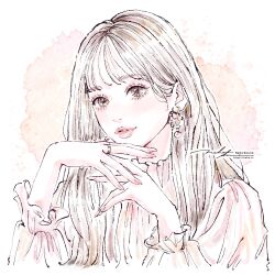  1girl artist_name brown_eyes brown_hair commentary cropped_torso frilled_shirt_collar frills hands_up highres jewelry long_hair long_sleeves naho_graphics original parted_lips pink_lips pink_shirt ring shirt short_hair signature straight_hair 