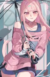  1other :p akiyama_mizuki blue_tank_top blush bokutachi_no_seizon_tousou_(project_sekai) cat cat_tail closed_mouth collarbone commentary hands_up highres holding holding_umbrella long_hair long_sidelocks long_sleeves looking_at_viewer off-shoulder_shirt off_shoulder official_alternate_costume official_alternate_hairstyle other_focus pink_eyes pink_hair pink_shirt project_sekai purple_shorts road_sign shirt short_shorts shorts sidelocks sign sleeves_past_wrists smile solo stop_sign tail tank_top tongue tongue_out torn_clothes torn_shirt transparent transparent_umbrella u1_msd umbrella zipper 
