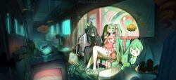  2girls absurdres bare_legs black_hair black_shirt black_skirt black_thighhighs blood blood_on_face bow bow_hairband bowtie character_doll chinese_commentary commentary_request doll dress fish gloves green_hair hair_bow hairband hatsune_miku highres ima_sugu_rinne_(vocaloid) incredibly_absurdres long_hair looking_up magical_girl matsuo_ringo multiple_girls neckerchief pink_bow pink_bowtie pink_dress pink_eyes pink_hairband puffy_sleeves red_eyes red_neckerchief revision shirt short_sleeves sitting skirt soaking_feet solo spotlight star-shaped_pupils star_(symbol) symbol-shaped_pupils television thigh-highs train_interior twintails very_long_hair vocaloid water white_gloves window 