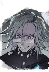  1boy aotsuki_eito black_jacket commentary cropped_shoulders evil_grin evil_smile eyeshadow gakuran glasses grey_hair grin highres jacket last_defense_academy_school_uniform makeup male_focus rectangular_eyewear red_eyeshadow rimless_eyewear rosieyart school_uniform short_hair smile solo spoilers the_hundred_line_-last_defense_academy- untranslatable_commentary violet_eyes 