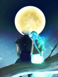  1boy 1girl absurdres aerith_gainsborough armor blonde_hair blue_pants braid braided_ponytail cloud_strife commentary cropped_jacket deartaozii dress english_commentary facing_away final_fantasy final_fantasy_vii final_fantasy_vii_remake from_behind full_moon ghost hair_ribbon hetero highres leaning_on_person long_dress long_hair moon pants pauldrons ribbed_shirt ribbon shirt short_hair shoulder_armor single_pauldron sitting sitting_on_branch spiky_hair suspenders twitter_username 
