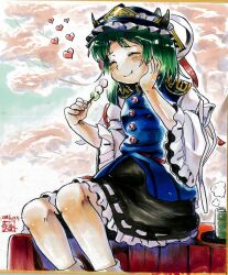  1girl black_skirt blue_hat blue_vest blush closed_eyes closed_mouth commentary_request cup dango dated epaulettes food frilled_hat frills green_hair hand_on_own_cheek hand_on_own_face happy hat heart highres holding holding_skewer kokechankokko long_sleeves sanshoku_dango shiki_eiki shikishi shirt sitting skewer skirt smile solo steam tea touhou traditional_media vest wagashi white_shirt yunomi 