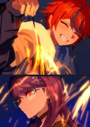  1boy 1girl absurdres ahoge black_choker black_streaks blush choker close-up closed_eyes commentary_request drawstring earrings fireworks fug_uai glasses grin highres holding holding_fireworks hood hoodie jacket_over_hoodie jewelry long_hair multicolored_hair open_mouth purple_hair red_eyes red_hair shizuhara_hiruko smile sparkler streaked_hair sumino_takumi teeth the_hundred_line_-last_defense_academy- white_hoodie 