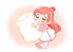  1girl :q barefoot blunt_ends blush chibi chibi_only closed_mouth commentary dress feet food full_body gradient_background green_eyes hair_bun hair_ribbon half_up_bun half_updo heart hirogaru_sky!_precure holding holding_food kyanos_(b_0000ff) licking_lips long_hair long_sleeves looking_at_viewer marshmallow multicolored_dress nijigaoka_mashiro orange_background pink_dress pink_hair precure puffy_long_sleeves puffy_sleeves ribbon scrunchie single_hair_bun smile soles solo swept_bangs toes tongue tongue_out two-tone_background two-tone_dress white_background white_dress white_ribbon wrist_scrunchie yellow_scrunchie 