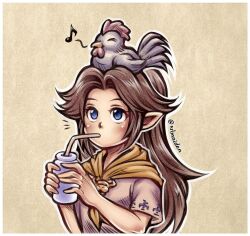  1girl animal_on_head artist_name bird blush bottle brown_hair chicken drinking drinking_straw long_hair malon musical_note on_head outline pointy_ears spoken_musical_note thaumana the_legend_of_zelda the_legend_of_zelda:_ocarina_of_time white_outline 