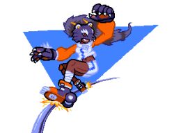  1girl absurdres alt_text animal_helmet ankle_boots arm_up bandaged_leg bandages bearcatmon black_boots black_helmet boots brown_hair clawed_gloves claws commentary dark-skinned_female dark_skin digimon digimon_(creature) english_commentary full_body gloves grin groin helmet highres jacket knee_pads long_hair long_sleeves midriff multicolored_hair multicolored_jacket navel orange_boots orange_sleeves pawpads pixel_art pizzadramon railing red_eyes roller_skates short_shorts shorts simple_background single_knee_pad skates smile solo spiked_gloves teeth two-tone_hair two-tone_jacket very_long_hair white_background white_jacket white_shorts zipper_pull_tab 