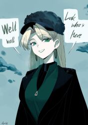  1girl absurdres aquilar black_coat black_hat black_sweater blonde_hair coat commentary earrings english_text fur_hat green_eyes green_lips green_vest harry_potter_(series) hat highres hoop_earrings jewelry long_hair long_sleeves malfoid ribbed_sweater signature snow solo speech_bubble sweater turtleneck turtleneck_sweater upper_body vest wizarding_world 