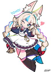  1girl absurdres ahoge animal_ear_fluff animal_ears apron black_boots blonde_hair blue_dress blue_eyes blue_streaks boots bow braid braided_twintails cat_ears closed_mouth commentary dress english_commentary english_text fins fish_girl fish_hair_ornament fish_ornament fish_tail frills hair_bow hair_ornament hands_up headscarf heart highres indie_virtual_youtuber kerosene_lamp key long_hair long_sleeves looking_at_viewer multicolored_hair multicolored_outline multiple_hair_bows one_eye_closed panty_&amp;_stocking_with_garterbelt_(style) red_bow sameko_saba sameko_saba_(winter_dress) sico_de_seraph signature simple_background smile streaked_hair striped_blush tail very_long_hair virtual_youtuber white_background white_headscarf 