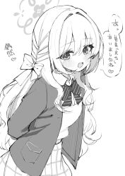  arms_behind_back blue_archive blush bow bowtie braid collared_shirt commentary_request cowboy_shot diagonal-striped_bow diagonal-striped_bowtie diagonal-striped_clothes greyscale hair_bow hair_ribbon halo heart highres jacket long_hair looking_at_viewer miyo_(blue_archive) monochrome open_mouth plaid_clothes plaid_skirt ribbon ribbon_in_braid school_uniform shirt simple_background sketch skirt smile solo speech_bubble spoken_heart striped_bow striped_bowtie striped_clothes very_long_hair white_background yatani_row 