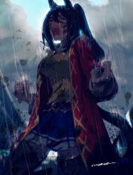  1girl animal_ears black_skirt black_thighhighs breasts brown_hair closed_eyes clouds cloudy_sky coat dirty dirty_clothes domino_mask el_condor_pasa_(el_numero_1)_(umamusume) el_condor_pasa_(umamusume) eye_mask hair_between_eyes highres horse_ears horse_girl horse_tail jacket kneeling long_hair long_sleeves mask medium_breasts natsunori open_mouth outdoors ponytail rain red_coat red_jacket shirt skirt sky solo tail teeth thigh-highs umamusume wet wet_clothes yellow_shirt 