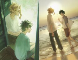  2boys beach black_pants blonde_hair blue_eyes blue_shirt blue_sky boku_no_hero_academia cheekbones commentary green_eyes green_hair hair_behind_ear highres horizon kuzero0209 light_smile long_bangs male_focus midoriya_izuku multiple_boys ocean outdoors pants sand shirt shore short_sleeves sitting sky smile split_screen sunlight water white_shirt wind yagi_toshinori 