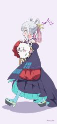  1girl chiikawa chiikawa_(character) cho_kaguya-hime! colored_extremities commentary_request full_body hair_ornament hair_rings hair_stick highres medium_hair open_mouth pink_hair platform_shoes runami_yachiyo runami_yachiyo_(chibi) runami_yachiyo_(tsukuyomi) shoes simple_background sleeves_past_wrists solo textless_version viora_draw white_background white_hair 