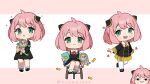  1girl ahoge anya&#039;s_heh_face_(meme) anya_(spy_x_family) artist_name black_footwear chibi child closed_mouth commentary director_chimera_(spy_x_family) eden_academy_uniform full_body green_eyes hairpods hemmmlock holding looking_at_viewer meme multiple_views open_mouth peanut pink_hair sitting socks solo spy_x_family stool teeth thigh-highs upper_teeth white_socks white_thighhighs 