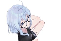  1girl absurdres ahoge bare_legs bespectacled bird's_eye_view black-framed_eyewear black_shirt blue_eyes blue_hair ciel_(kamitsubaki_studio) closed_mouth commentary_request daisi_gi dolphin_shorts double-parted_bangs drawstring from_above glasses grey_shorts hair_between_eyes hair_intakes highres kamitsubaki_studio looking_at_viewer looking_over_eyewear looking_up loungewear medium_hair shirt short_shorts shorts simple_background sitting solo turning_head virtual_youtuber white_background yokozuwari 