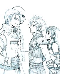  1girl 3boys armor bald belt belt_buckle buckle closed_mouth cloud_strife coat commentary_request elbow_gloves final_fantasy final_fantasy_vii final_fantasy_vii_remake from_side gloves height_difference long_hair looking_at_another monochrome multiple_belts multiple_boys profile ribbed_sweater rude_(ff7) rufus_shinra short_hair shoulder_armor single_arm_guard sleeveless sleeveless_turtleneck smile sunglasses suspenders sweatdrop sweater tifa_lockhart traditional_media turks_(ff7) turtleneck turtleneck_sweater twitter_username upper_body white_background ymt_3510 